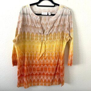 Chico's Sz XL / 3 Ombre Metallic Southwestern Boho Tunic Orange Yellow Cotton
